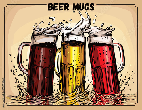 Vector image of three mugs of beer. Drinks with a lot of foam.