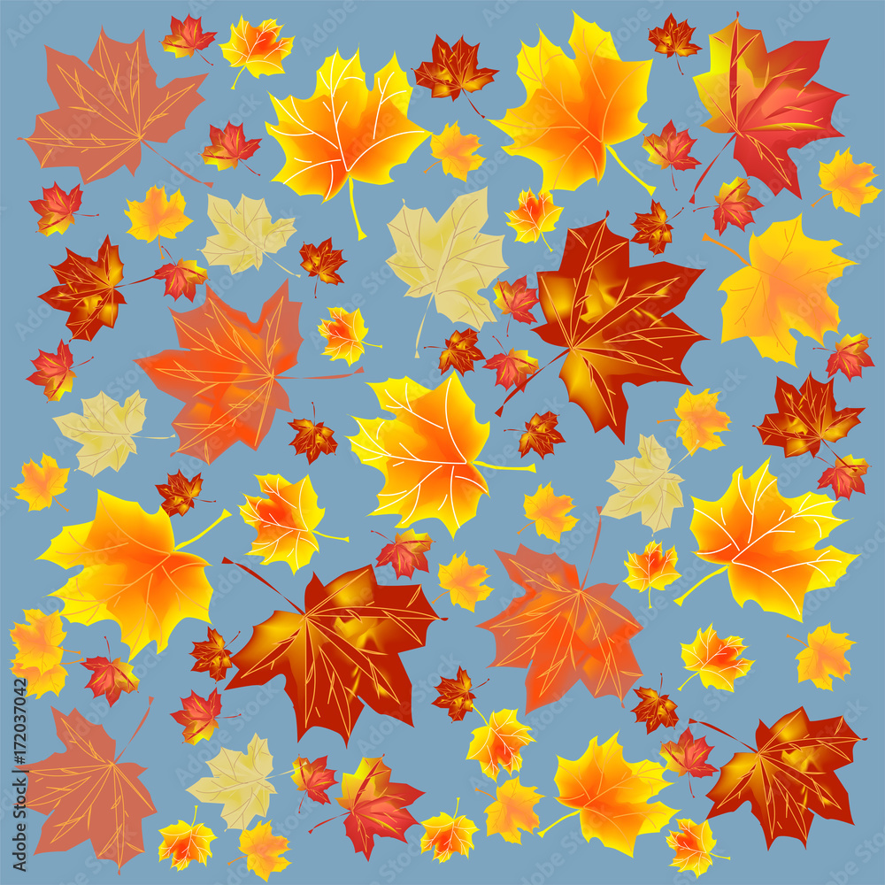 Multicolored autumn leaves on a blue background. Beautiful autumn background. Vector illustration.