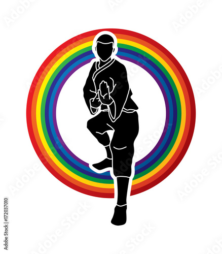 Kung fu action ready to fight front view designed on rainbows background graphic vector.