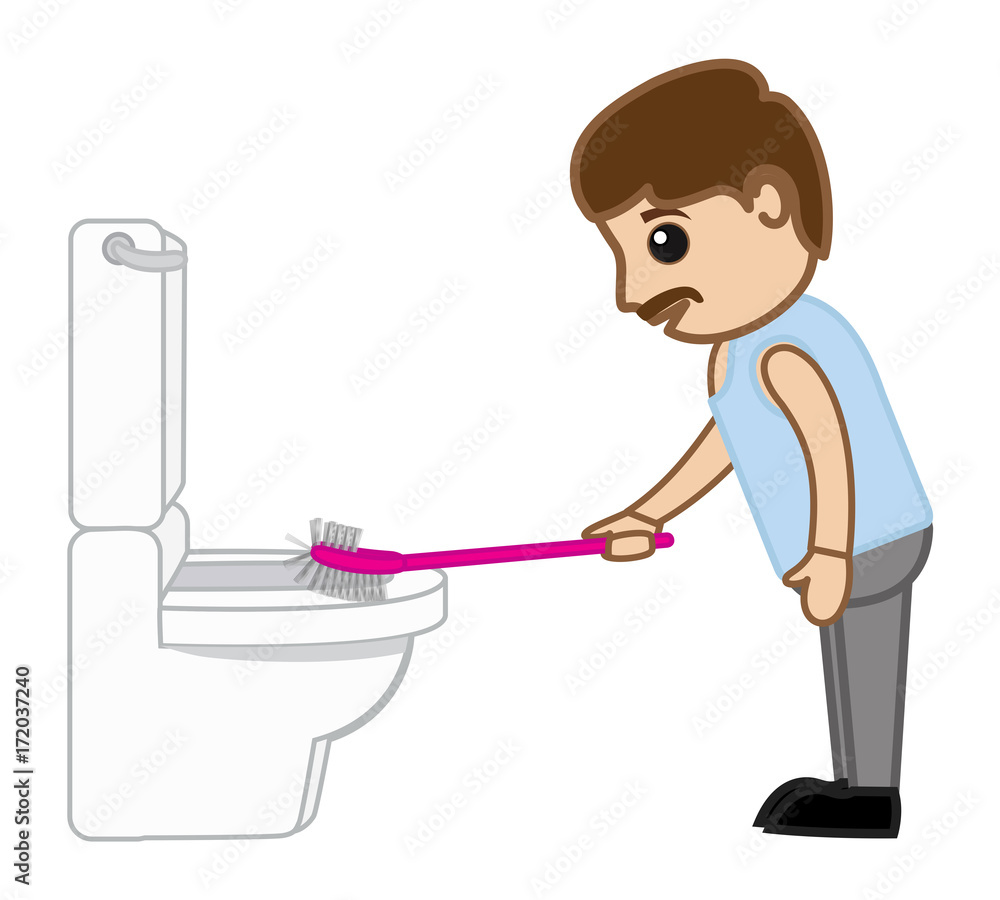 Cartoon Man Cleaning Toilet - clip-art vector illustration Stock Vector |  Adobe Stock
