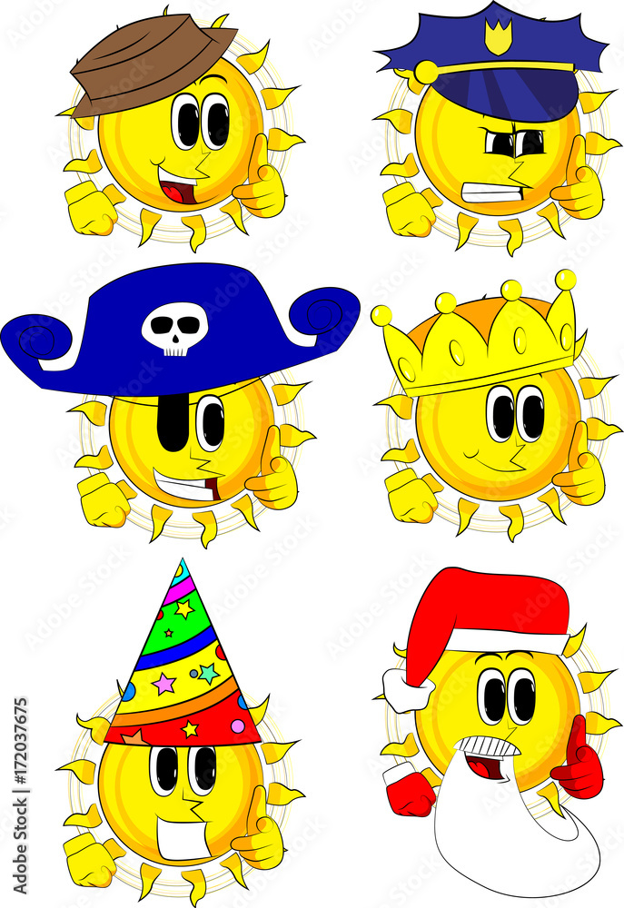Cartoon sun with pointing hand at the viewer. Collection with costume. Expressions vector set. Cartoon sun with pointing hand at the viewer. Collection with costume. Expressions vector set.