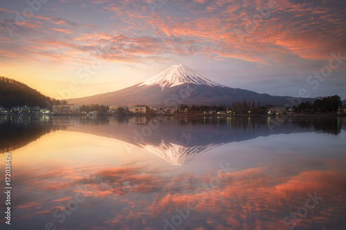 Fuji mountain reflection on water with sunrise landscape,Fuji mountain at kawaguchiko lake, Japan