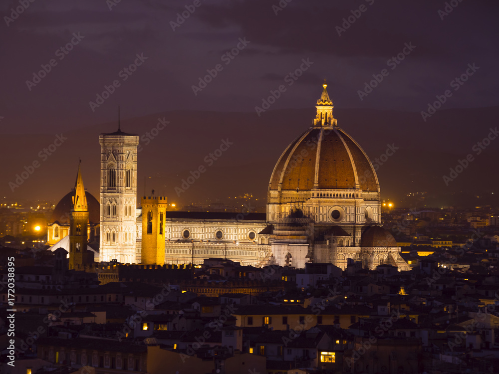 The Florence Cathedral on Duomo Square at night - amazing aerial view
