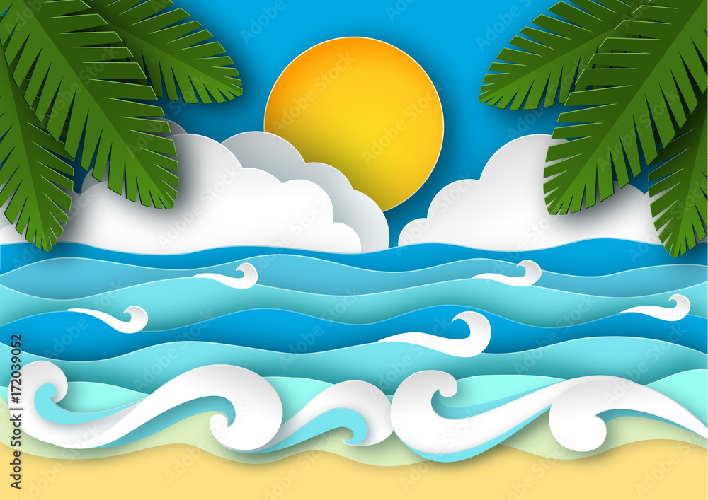 Sea waves and tropical beach in paper art style. Travel concept vector illustration. Summer vacation poster in paper cut design