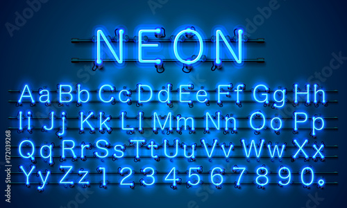 Neon city color blue font. English alphabet and numbers sign. Vector illustration