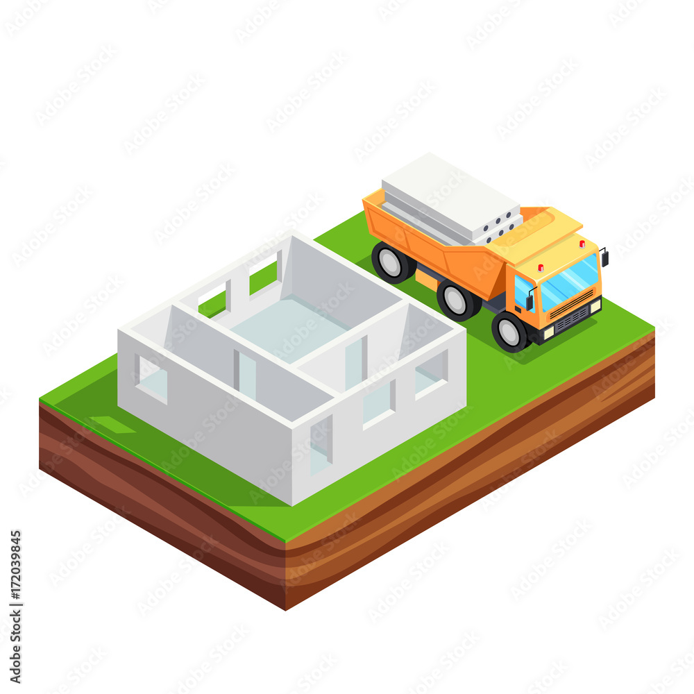 3d concrete house and a truck with reinforced concrete slabs. 3d concrete house and a truck with reinforced concrete slabs.