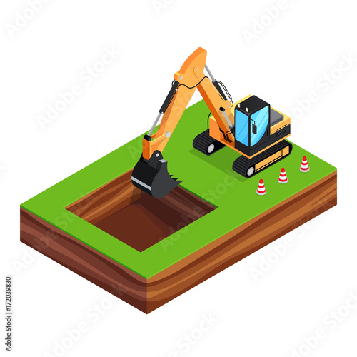 3d excavator is digging a pit for the foundation.