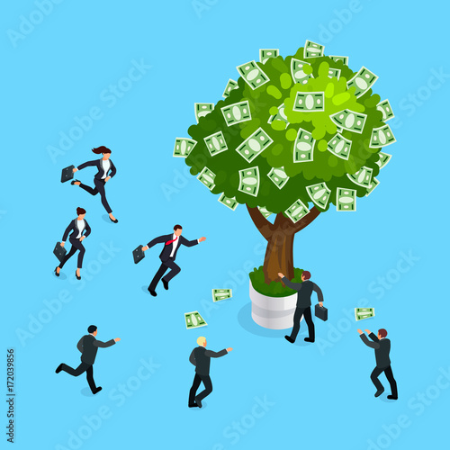 3d businessmen run to the money tree.