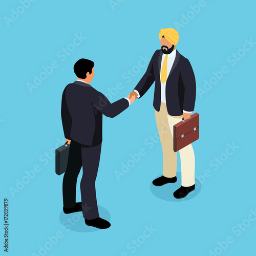 Isometric businessmen shake hands.