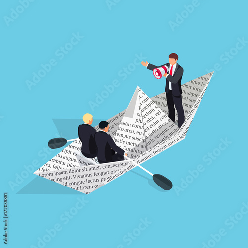 3d paper boat from the newspaper with businessmen.