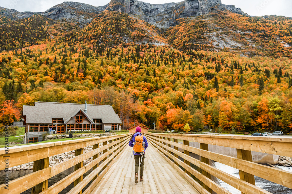 Naklejka premium Jesień natura turysta dziewczyna spaceru w parku narodowym w Quebecu z plecakiem. Kobieta turysta będzie kemping w lesie. Kanada podróżuje turystyką pieszą w Parku Narodowym Hautes-Gorges-de-la-Riviere-Malbaie.