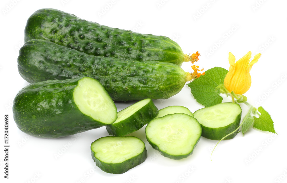 cucumber with sliced cucumber and leaf isolated on white background cucumber with sliced cucumber and leaf isolated on white background