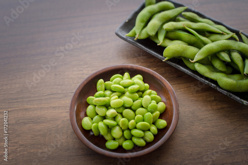 Japan pigeon pea or Edamame or Soybeans on wooden table