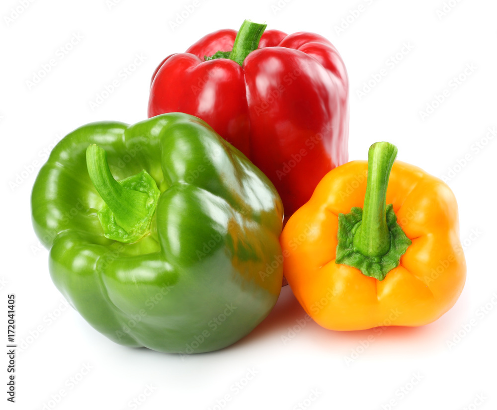 three green, red, yellow sweet bell peppers isolated on white background three green, red, yellow sweet bell peppers isolated on white background