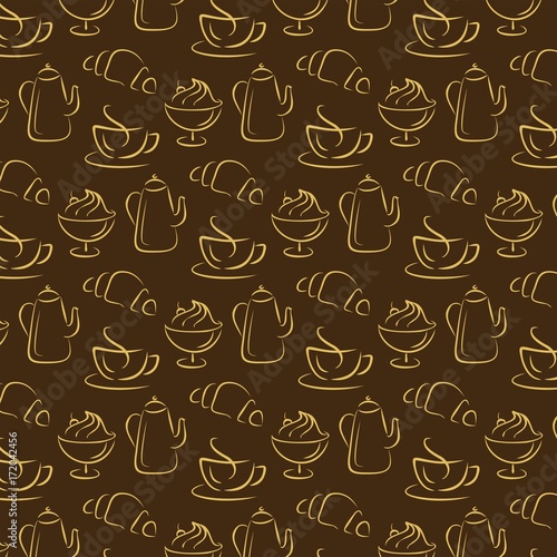 Seamless pattern with coffee and croissant. Coffee background	