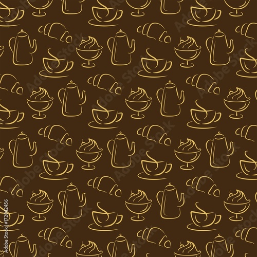 Seamless pattern with coffee and croissant. Coffee background 