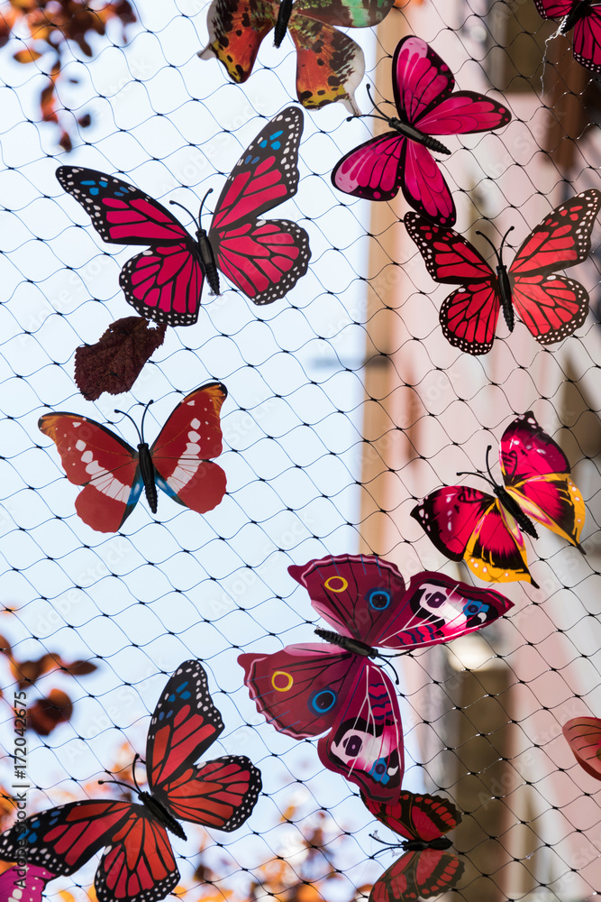 Mariposas de papel. Decoración con mariposas de colores pegadas en una ...