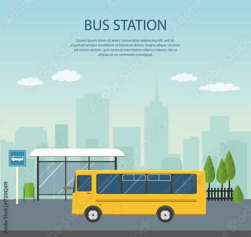 Bus at the bus stop on background of city. Transport concept of passenger transportation.	