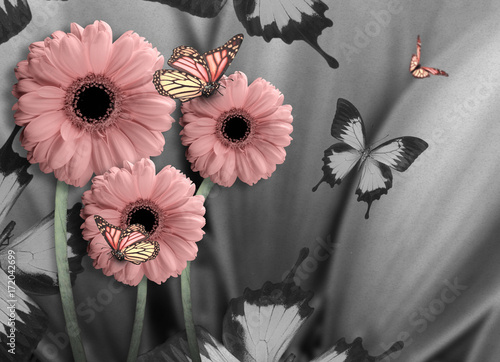 Floral background of chrysanthemums, bright flowers on a gray. Applied a filter with grain.
