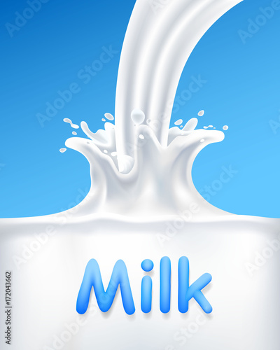 Pour milk into a container, vertical cover banner . Vector illustration