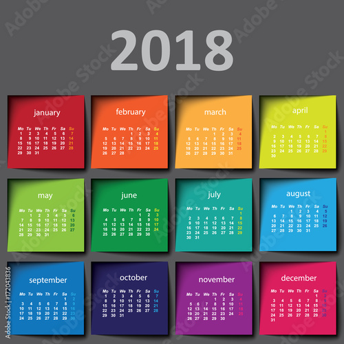 2018 calendar. Color post it