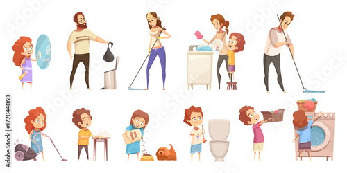 Family Cleaning Cartoon Icons Set 