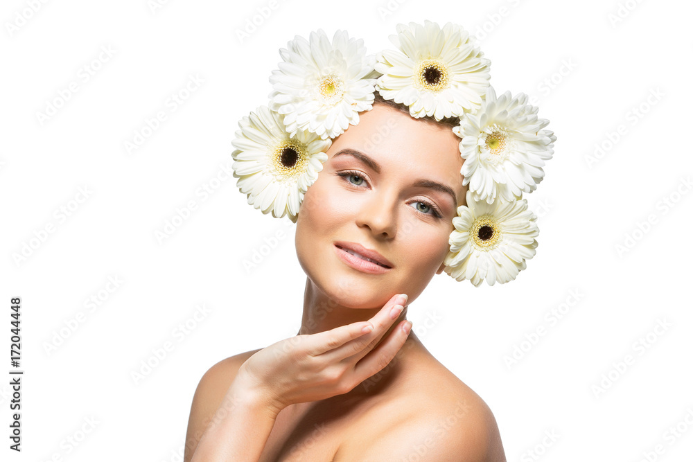 beautiful girl with white flowers on head