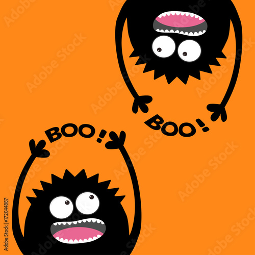 Two screaming monster head silhouette set. Hands holding Boo text. Hanging upside down. Black Funny Cute cartoon baby character. Happy Halloween. Flat design. Orange background.