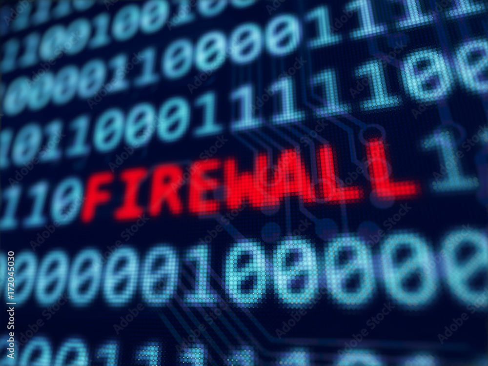 Firewall red text between blue binary data background blue screen 3d rendered with depth of field Firewall red text between blue binary data background blue screen 3d rendered with depth of field