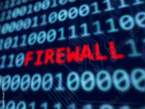 Firewall red text between blue binary data background blue screen 3d rendered with depth of field