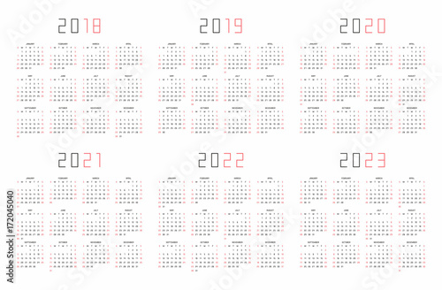 Calendar 2018, 2019, 2020, 2021, 2022, 2023