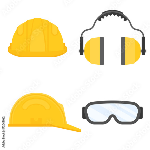 personal protective equipment for industrial security, safety glasses, helmet, ear muffs in flat design vector