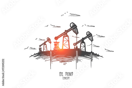 Oil pump concept. Hand drawn oil pumps in process of work. Oil industry equipment isolated vector illustration.