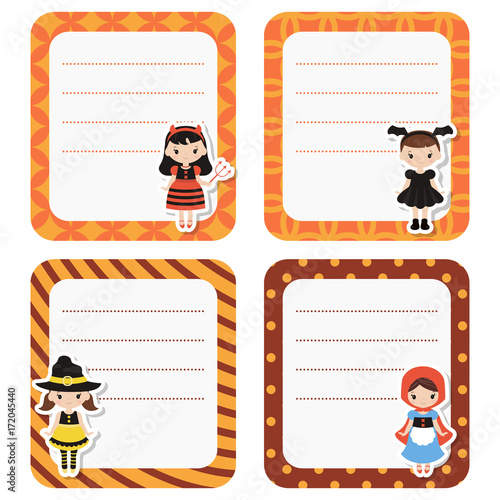 Cute cards or stickers with cartoon children in colorful halloween costumes.