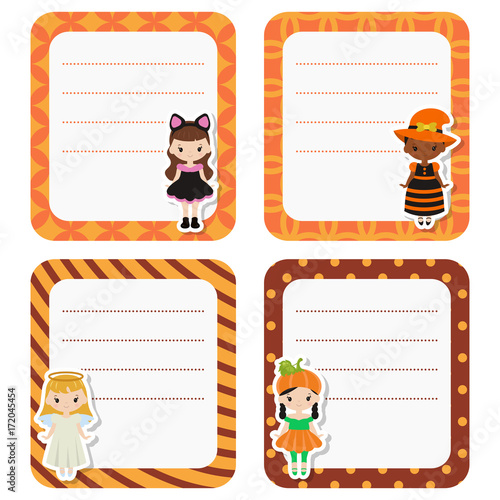 Cute cards or stickers with cartoon children in colorful halloween costumes.