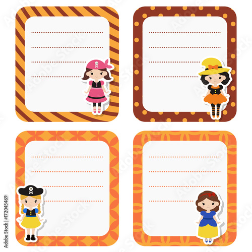 Cute cards or stickers with cartoon children in colorful halloween costumes.