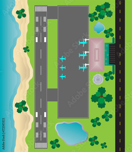 Airport Layout top View , runway parking taxiway and Building Detail with Seascape