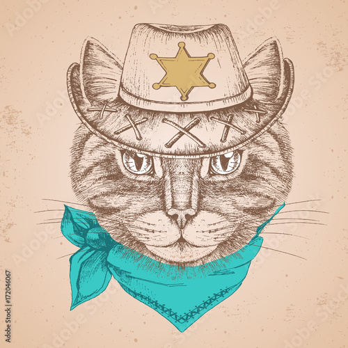 Retro Hipster animal cat. Hand drawing Muzzle of cat