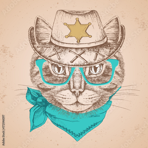 Retro Hipster animal cat. Hand drawing Muzzle of cat