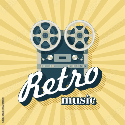 Retro music. Vector illustration. Vintage reel to reel tape recorder.