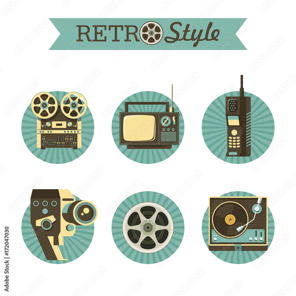Reel to reel tape, retro TV, legacy wireless phones, film reel, vintage  movie camera, gramophone. Set of vector icons, logos. Stock Vector