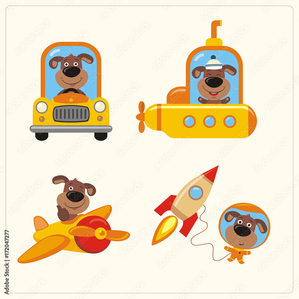 Φωτογραφία Set of funny Puppy Dog in various transport: airplane, submarine, car, space rocket