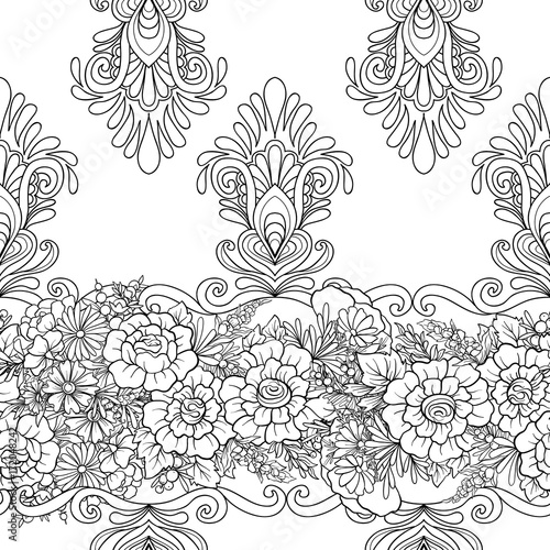 Floral seamless pattern with butterflies. Stock vector illustration. Outline hand drawn.