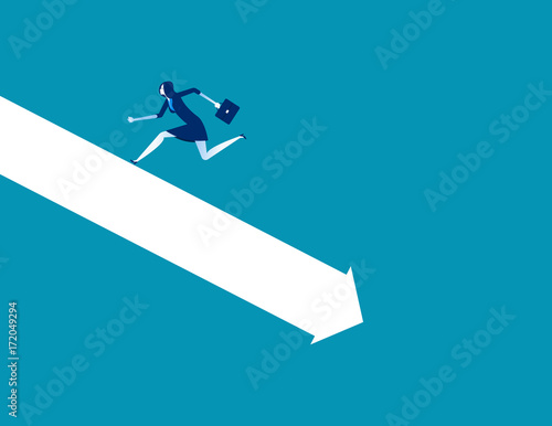 Crisis. Businesswoman run away form falling graph. Concept business vector illustration.