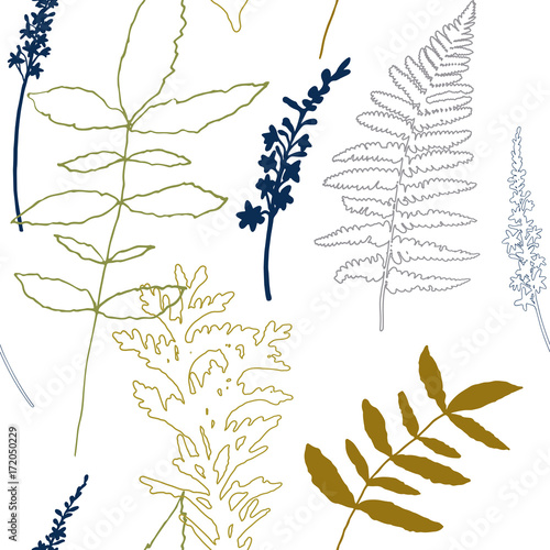 Floral vector seamless pattern with wild flowers, fern leaves and evergreen p...