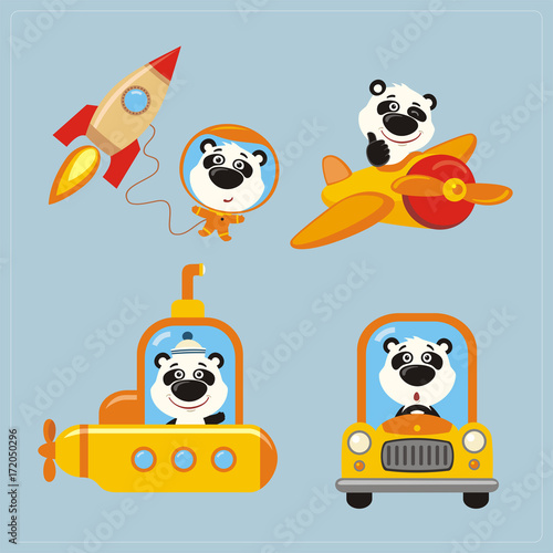 Fototapeta Naklejka Na Ścianę i Meble -  Collection of isolated Panda Bear in transport in cartoon style. Set of funny Panda Bear in various transport: airplane, submarine, car, space rocket.