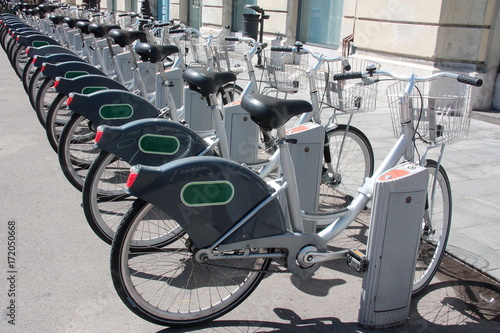 Bicycles parked at a bike sharing station