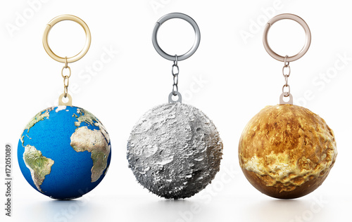 Fototapeta Naklejka Na Ścianę i Meble -  3D Earth, Moon and Mars connected to keychain. 3D illustration