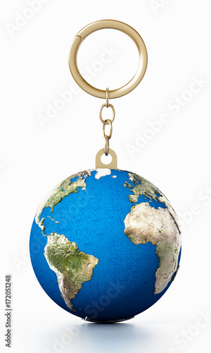 Fototapeta Naklejka Na Ścianę i Meble -  3D earth connected to keychain. 3D illustration