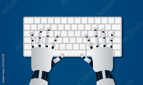 Hands of robot on computer keyboard. Artificial intelligence concept in flat design. Vector illustration